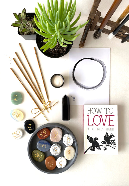 Planetary Stone Bundle #1 by Marilyn Wells, includes 13 stones plus an Obsidian Tower, Book by Thich Nhat Hhan on "How to Love", Incense and ceramic sand holder.