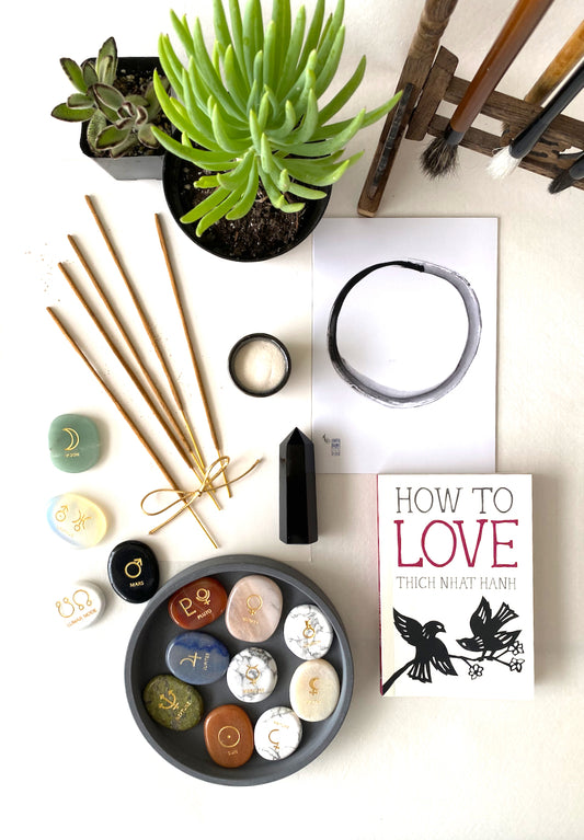 Planetary Stone Bundle #1 by Marilyn Wells, includes 13 stones plus an Obsidian Tower, Book by Thich Nhat Hhan on "How to Love", Incense and ceramic sand holder. 
