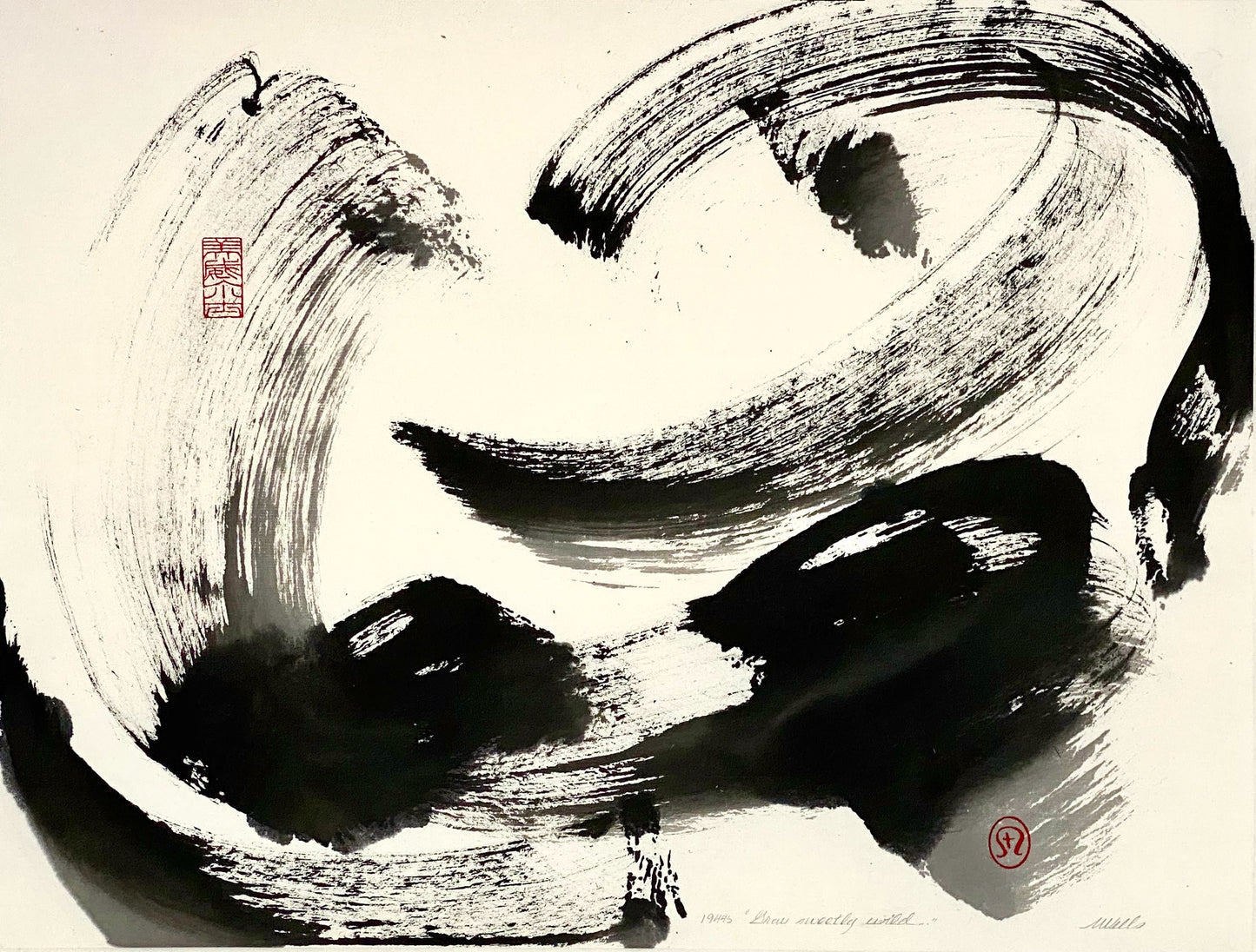 “Grow Sweetly Wild” by Marilyn Wells, ink wash, black on white, Abstract Sumi e Painting