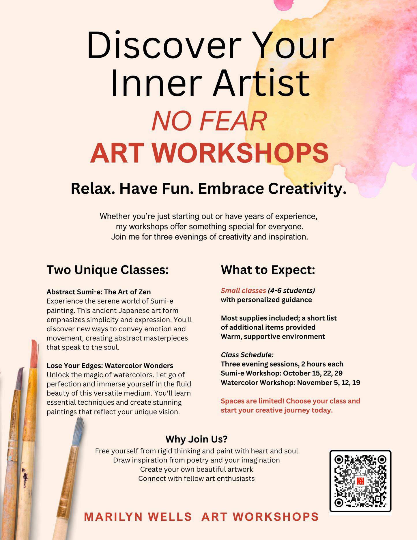 Evening Workshops, Sumi e & Watercolor, October, November 2025