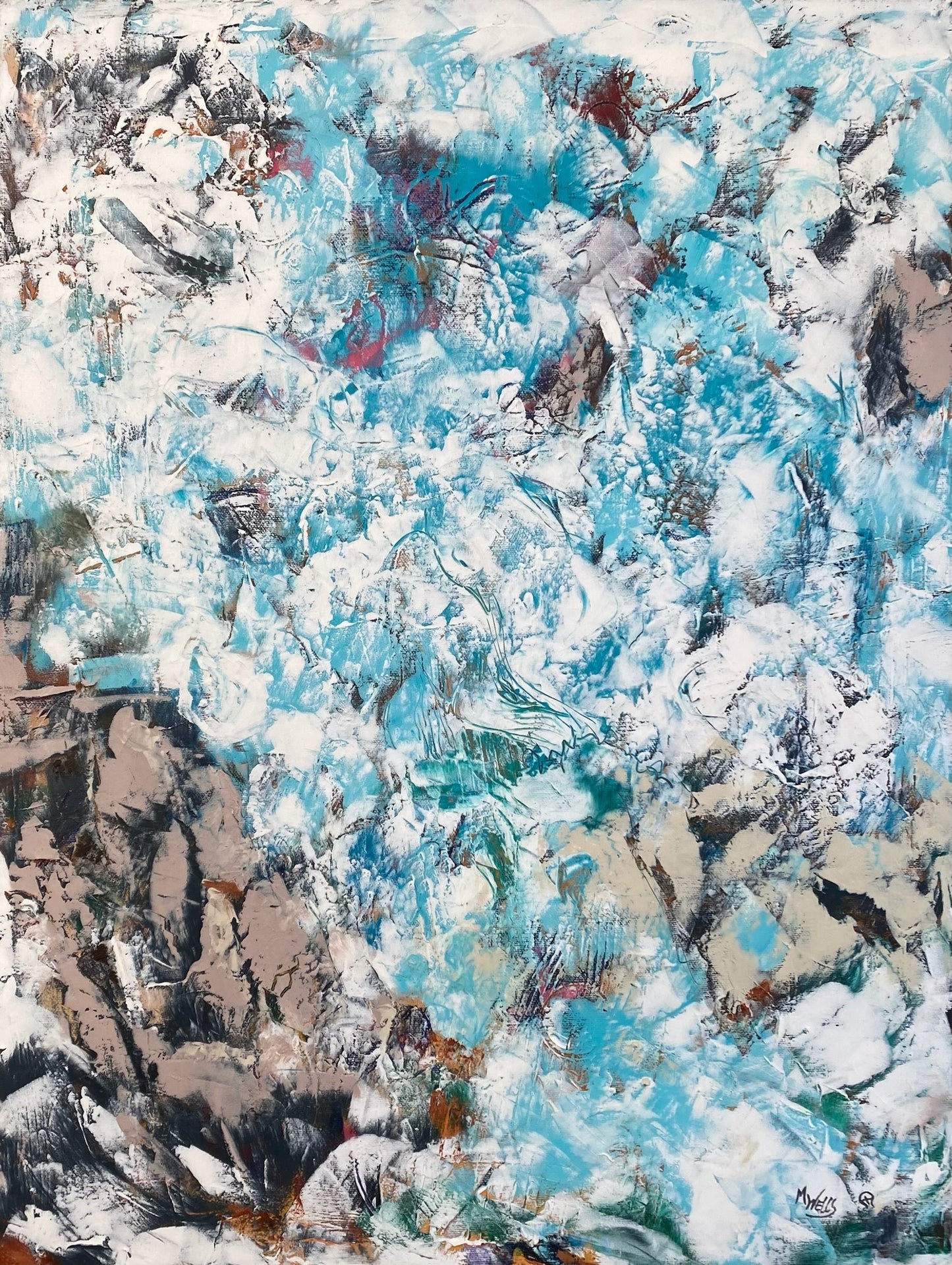 Oil & Cold Wax Painting Original “Wandering Water - Mother Earth 4”, blue water painting by Marilyn Wells