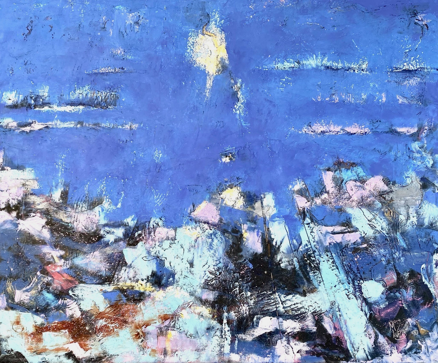 “Between the Fish and the Moon - 5” Oil and Cold Wax Painting by Marilyn Wells