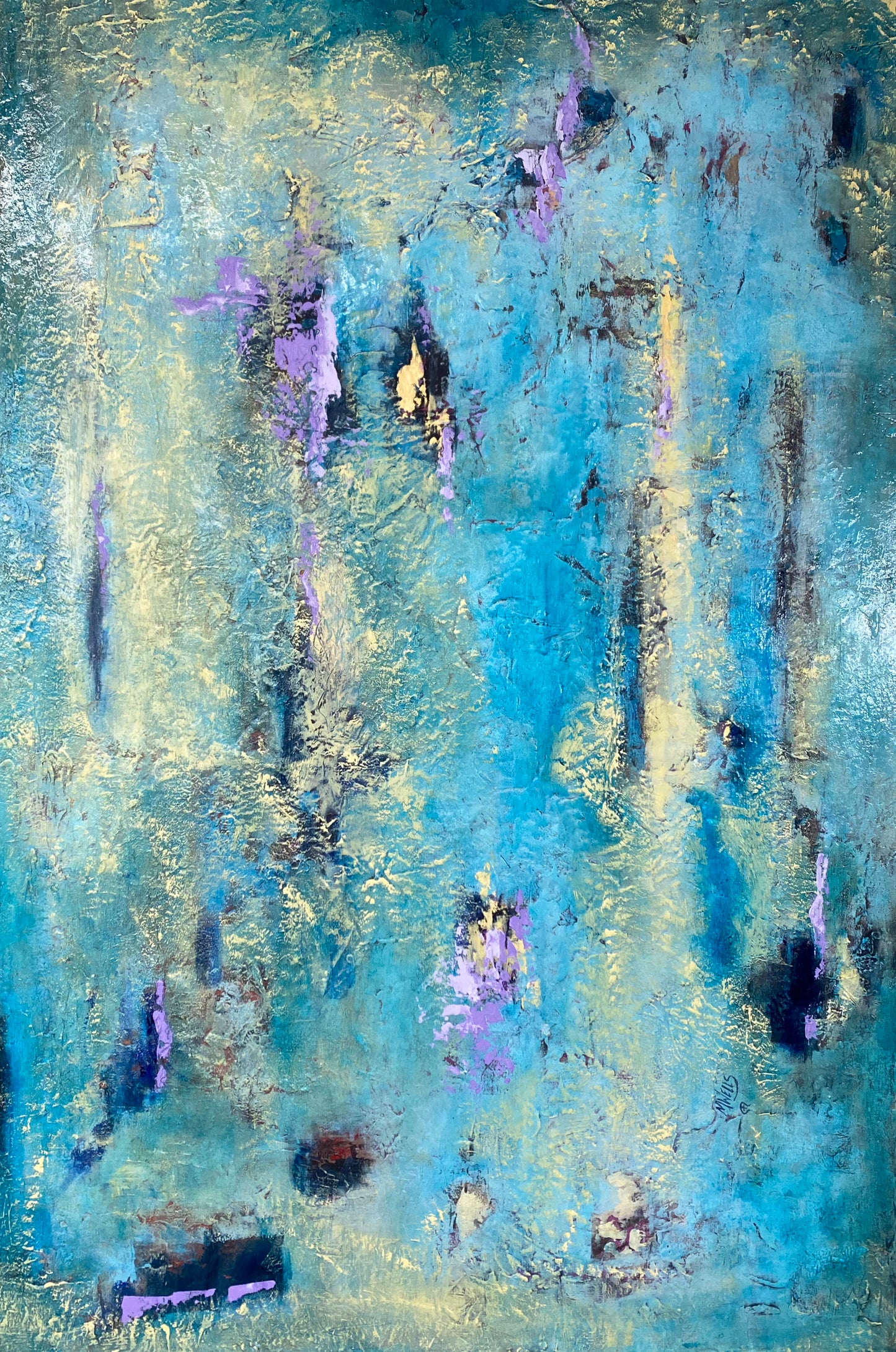 “Angels in Your Head” Abstract Oil and Cold Wax Painting in blue and gold by Marilyn Wells