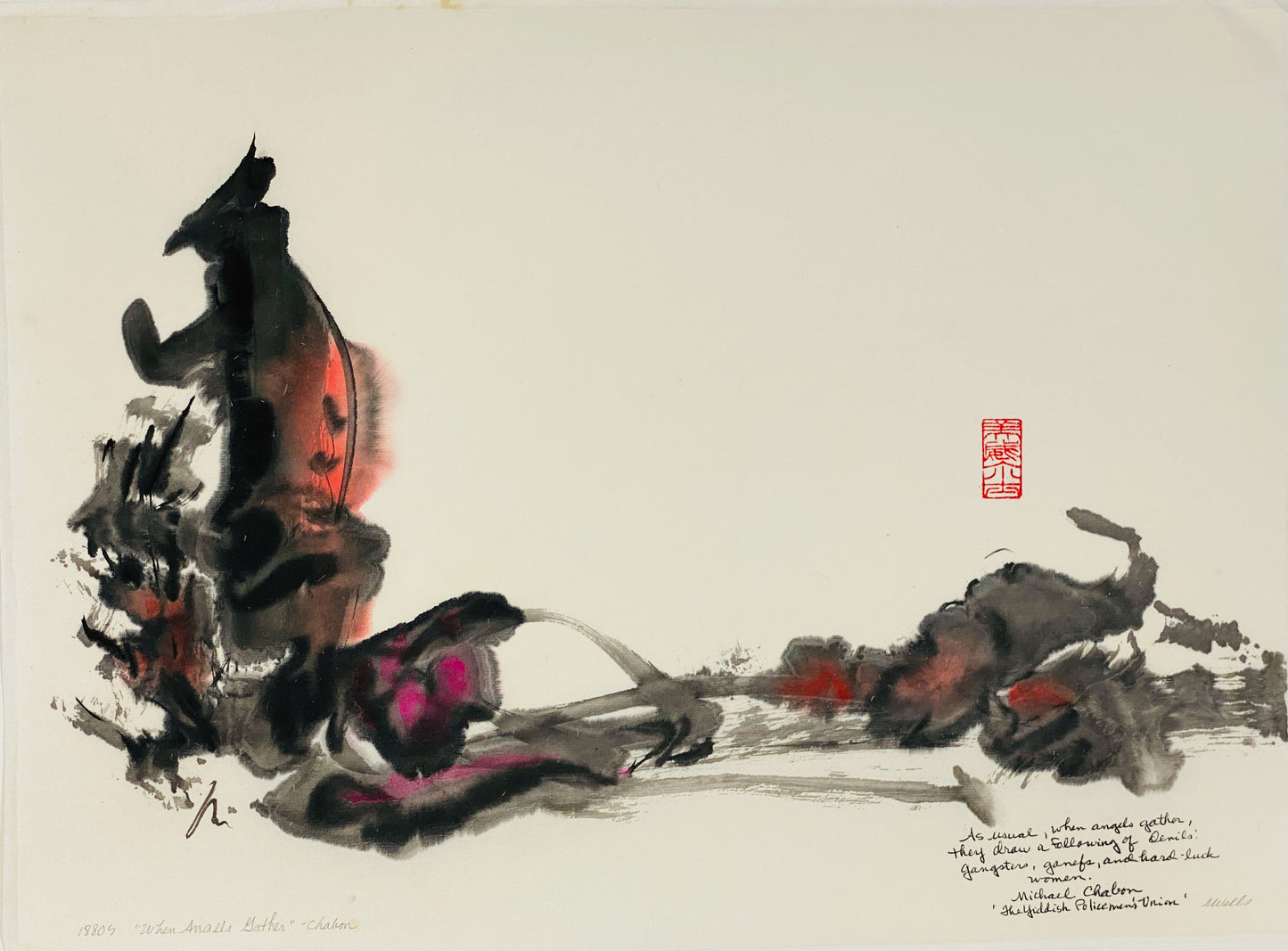 Abstract sumi e print “When Angels Gather” by Marilyn Wells