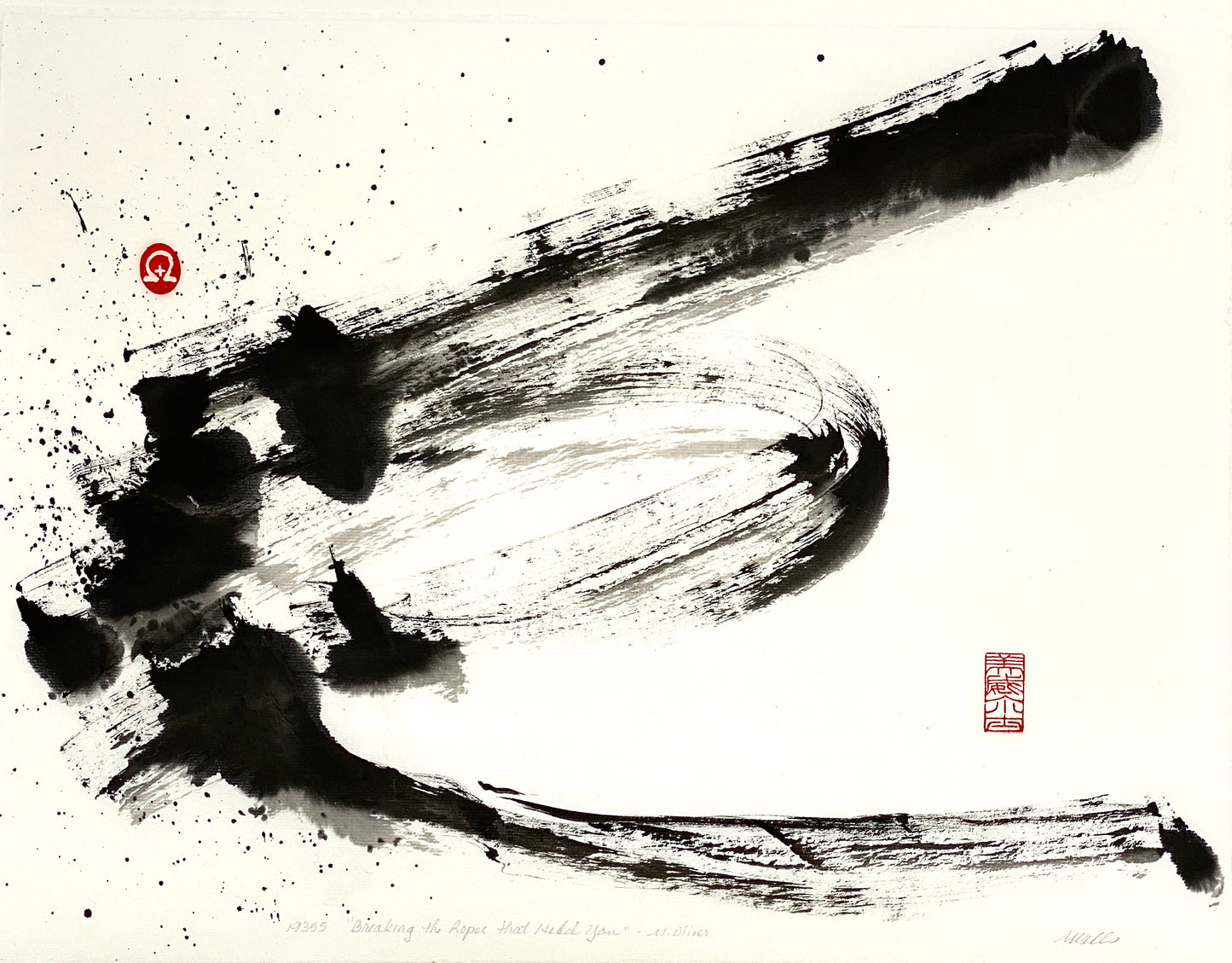 Black on white sumi e abstract painting "What is Holding You" by Marilyn Wells based on a poem by Mary Oliver