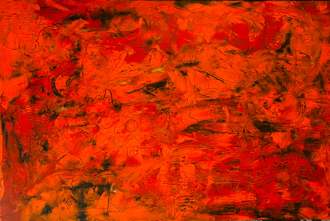 “Consternation -Origins of Woman 6” by Marilyn Wells - red, orange and blacks oil and cold wax painting 24" x 36"
