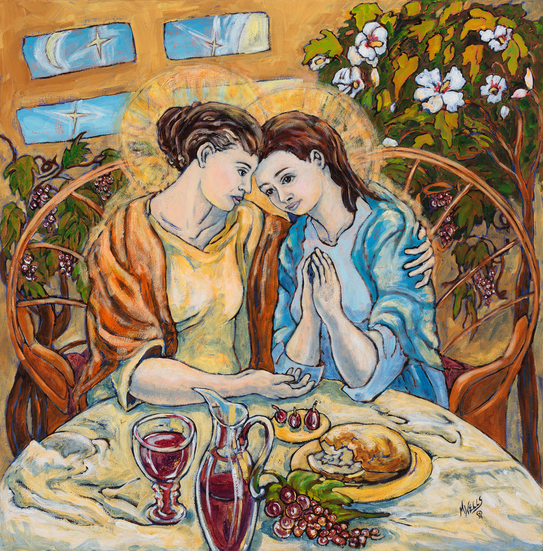 Mother and Daughter News - Original Oil by Marilyn Wells