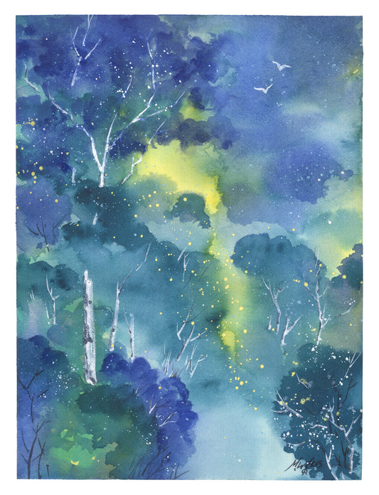 "Blue Bayou" watercolor painting in blues with yellow sky by Marilyn Wells