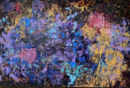 Bouquet by Marilyn Wells, blues and pink abstract oil and cold wax