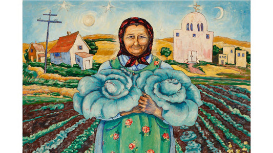 "Cabbage Woman" oil painting by Marilyn Wells of a farm woman in a country village with her pets.