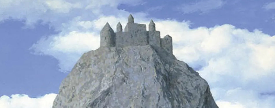 René Magritte "Castle of the Pyranees" - castle floating on stone above ocean