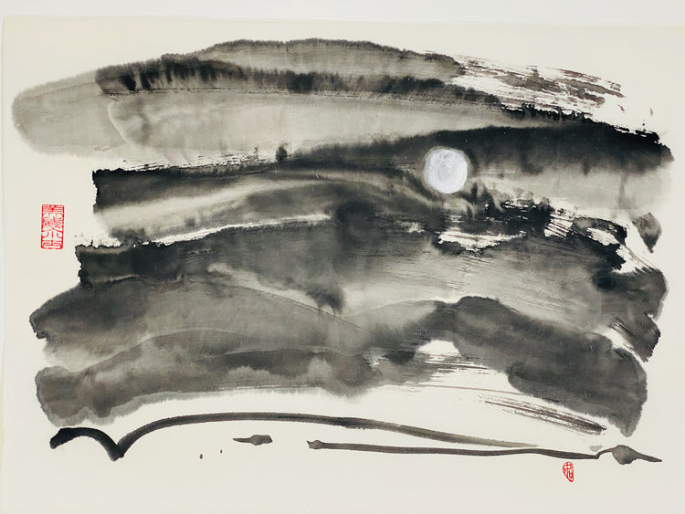 Abstract sumi e print by Marilyn Wells based on ancient Japanese poem. Ink on Paper