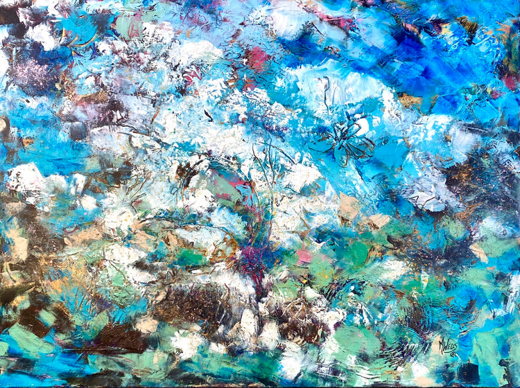 oil & cold wax, blue water painting by Marilyn Wells, "Headlong Water & Perpetual Sand - Mother Earth 3"