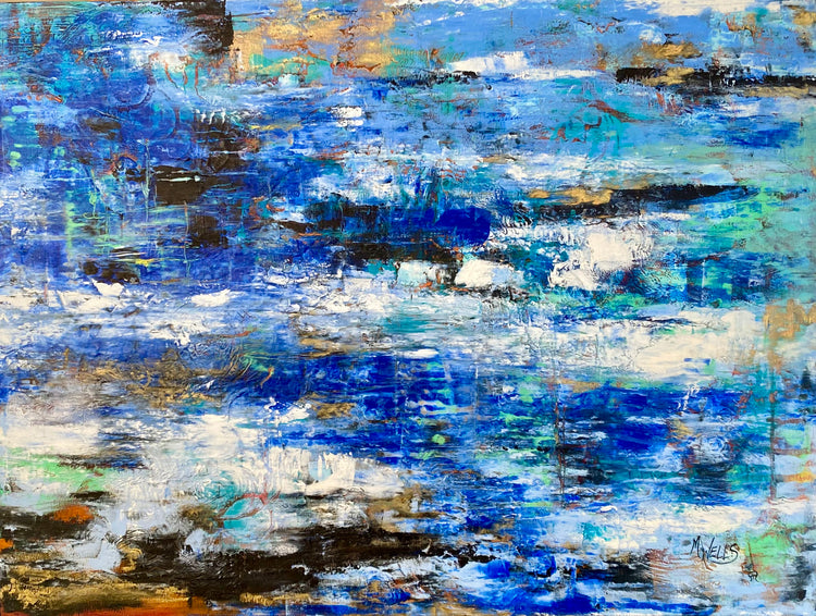 oil & cold wax, blue water painting, by Marilyn Wells, "Dream of Water - Mother Earth 2"