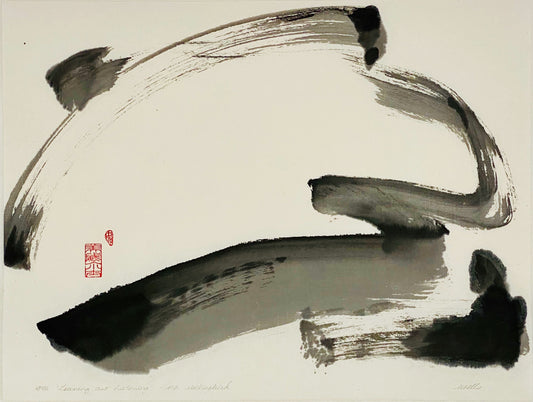 “Leaning Out and Listening” abstract sumi e, ink wash, black on white mulberry paper, by Marilyn Wells Original Abstract Sumi e Painting