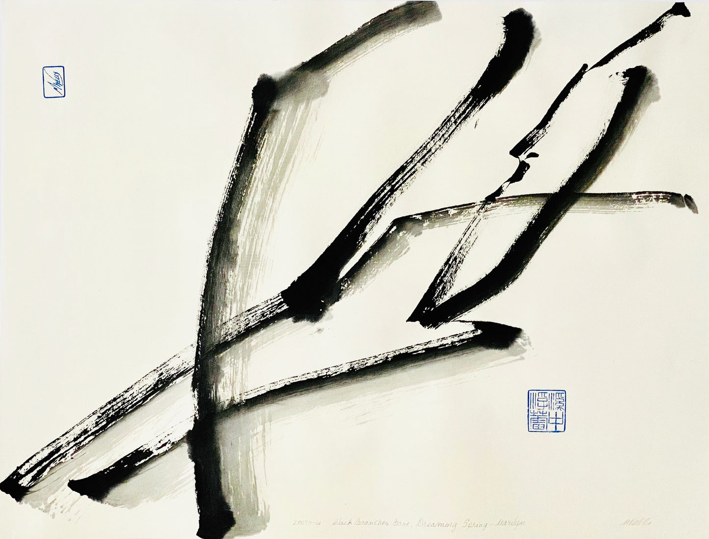 “Black Branches Bare, Dreaming Spring” sumi e original painting by Marilyn Wells