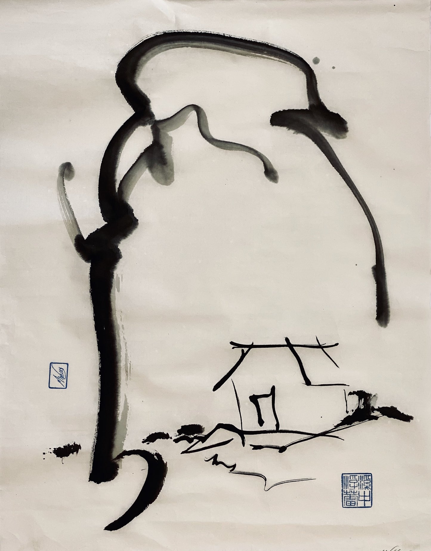 Ink Wash Sumi drawing - “Willow and Teahouse” by Marilyn Wells, Zen Abstract sumi e Original Painting