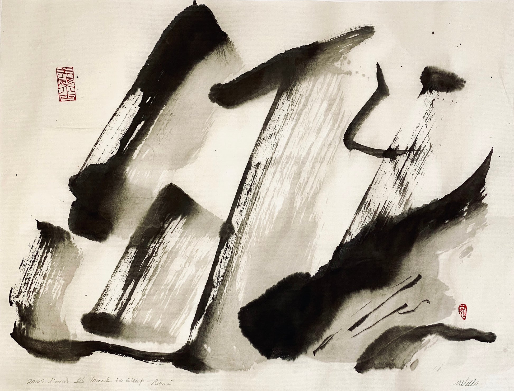 abstract sumi e painting, black ink and wash, by Marilyn Wells, "Don't Go Back to Sleep"