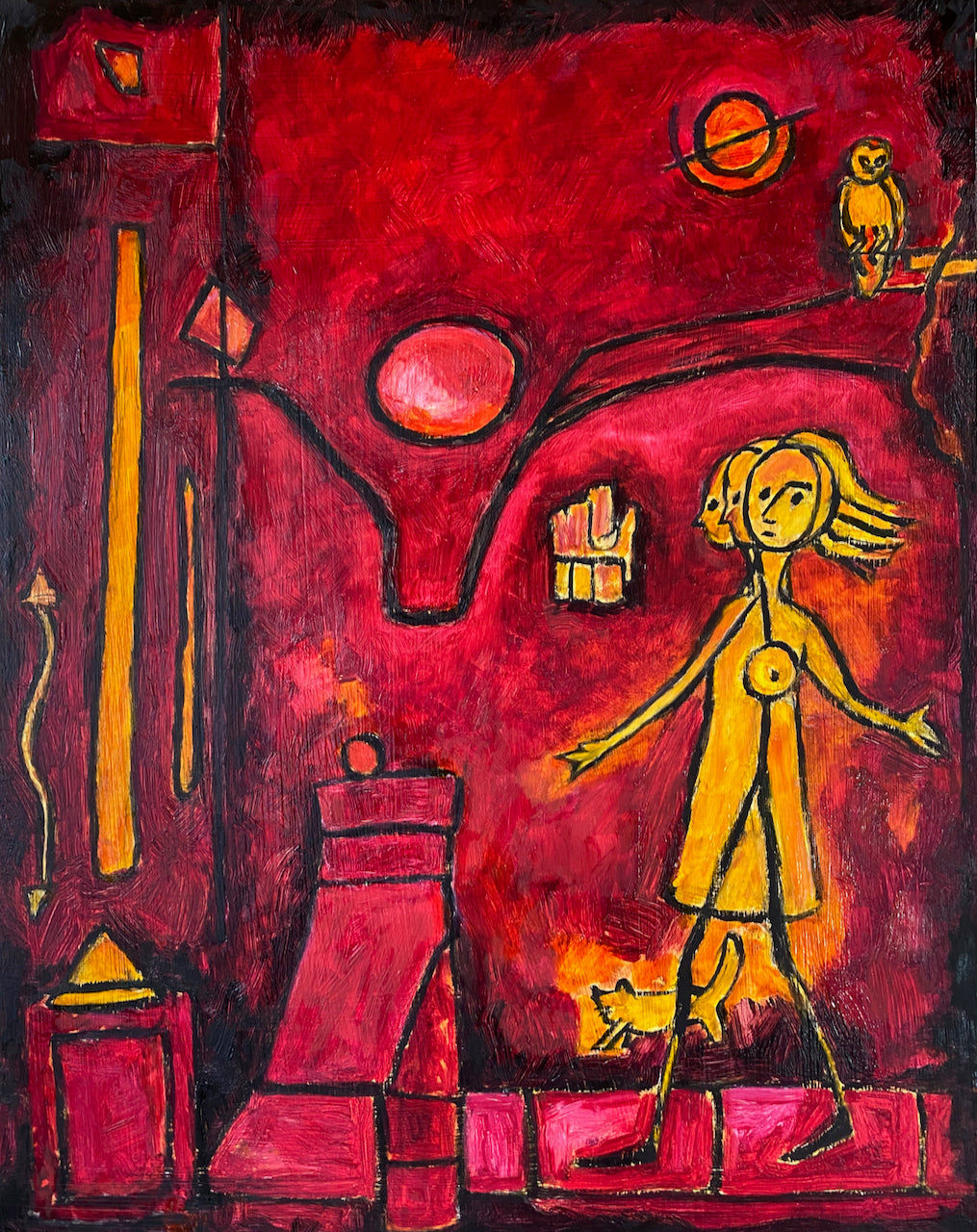 "Night of the Spirit" by Marilyn Wells, Red oil painting with figures for "Dream Signs, Decoding Symbols and Messages"