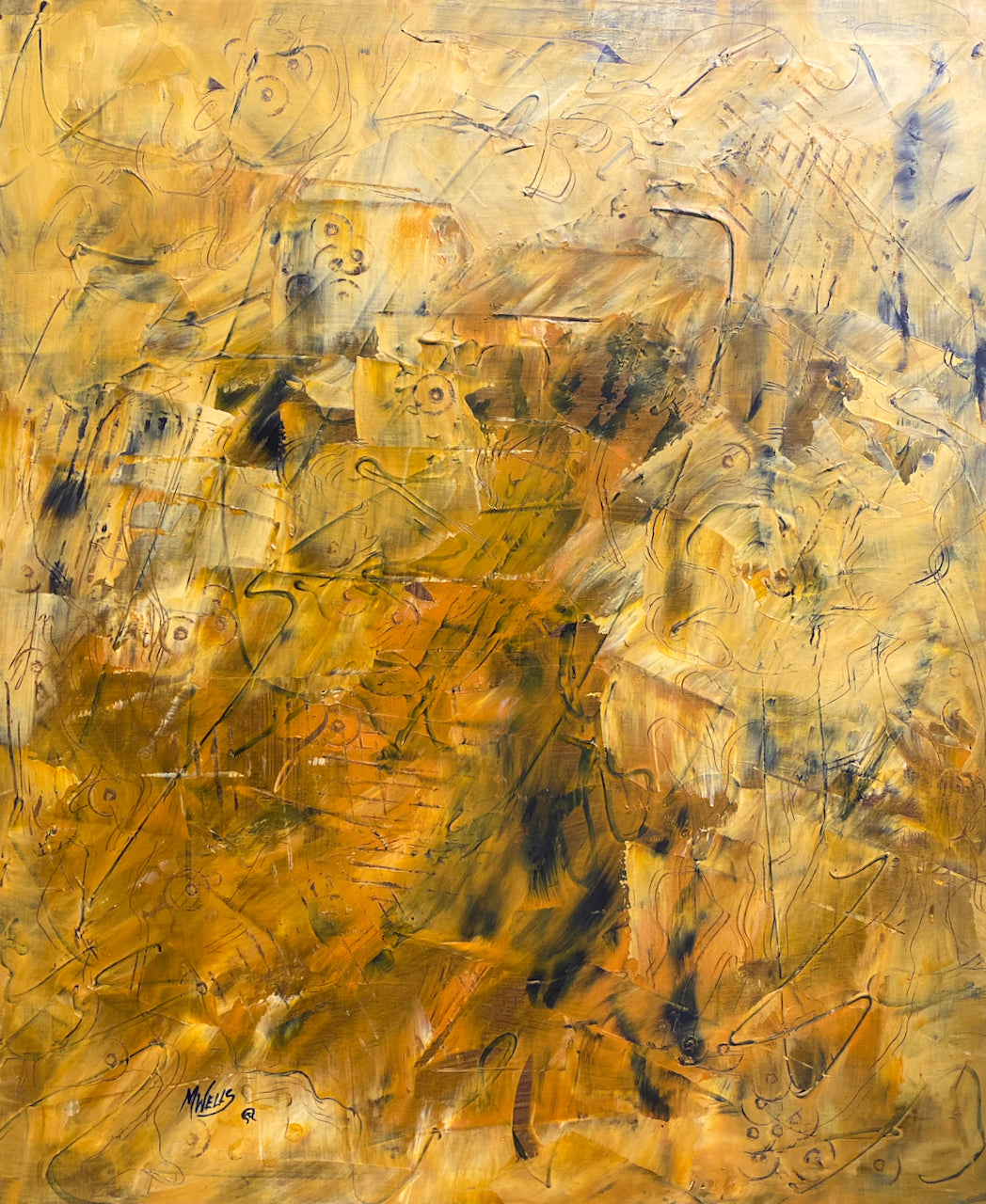 "Strength - Origins of Woman 1" by Marilyn Wells in oil and cold wax, 20" x 24" in yellows and dark tones with texture.