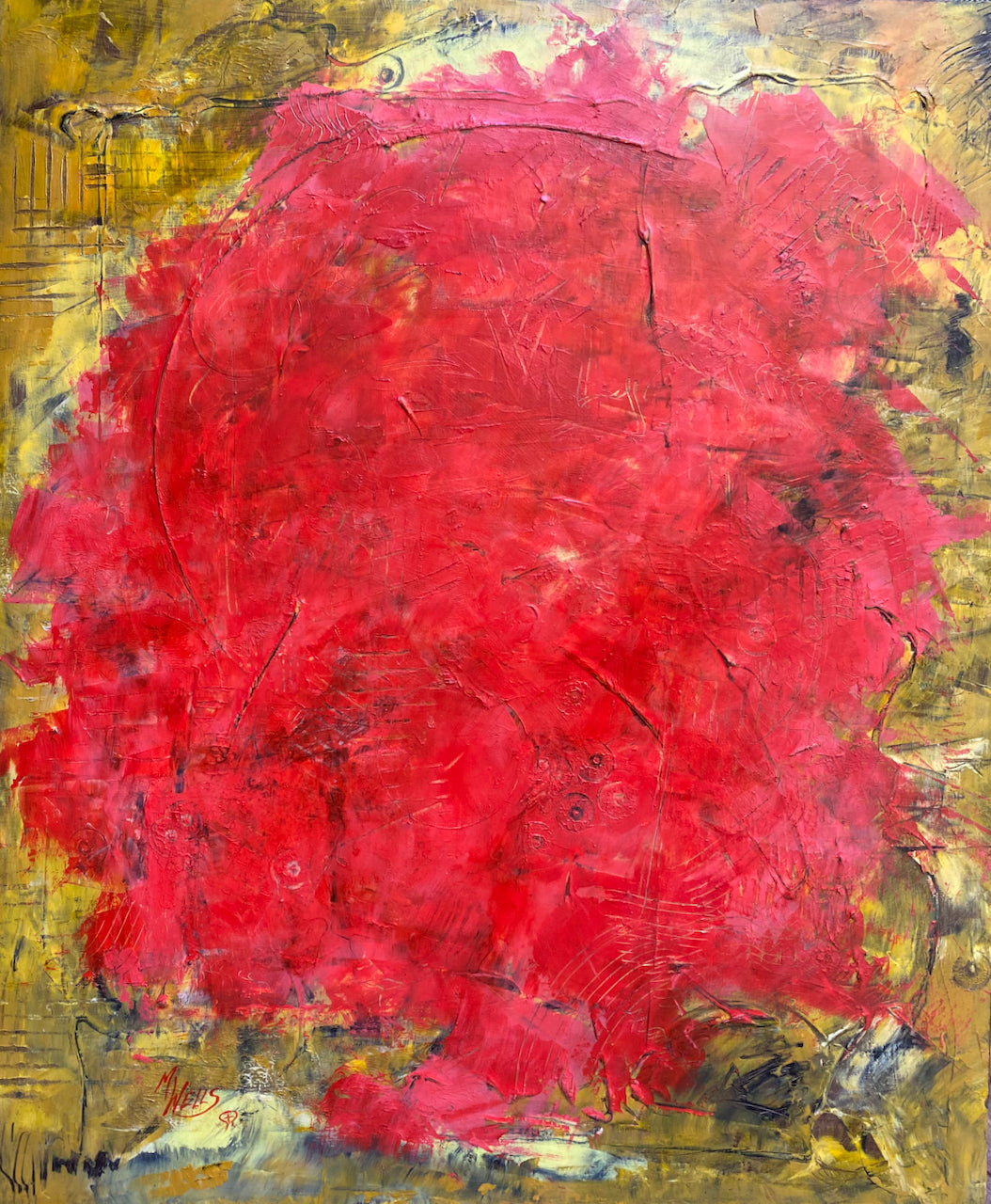 “Power Burst - Origins of Woman 2” - Oil & Cold Wax Painting by Marilyn Wells, texture, reds and golds.