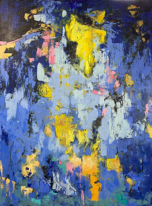 Oil and cold wax painting - “Emergence of Truth - Origin of Woman 8”- by Marilyn Wells in blues emerging from yellows on birch panel.
