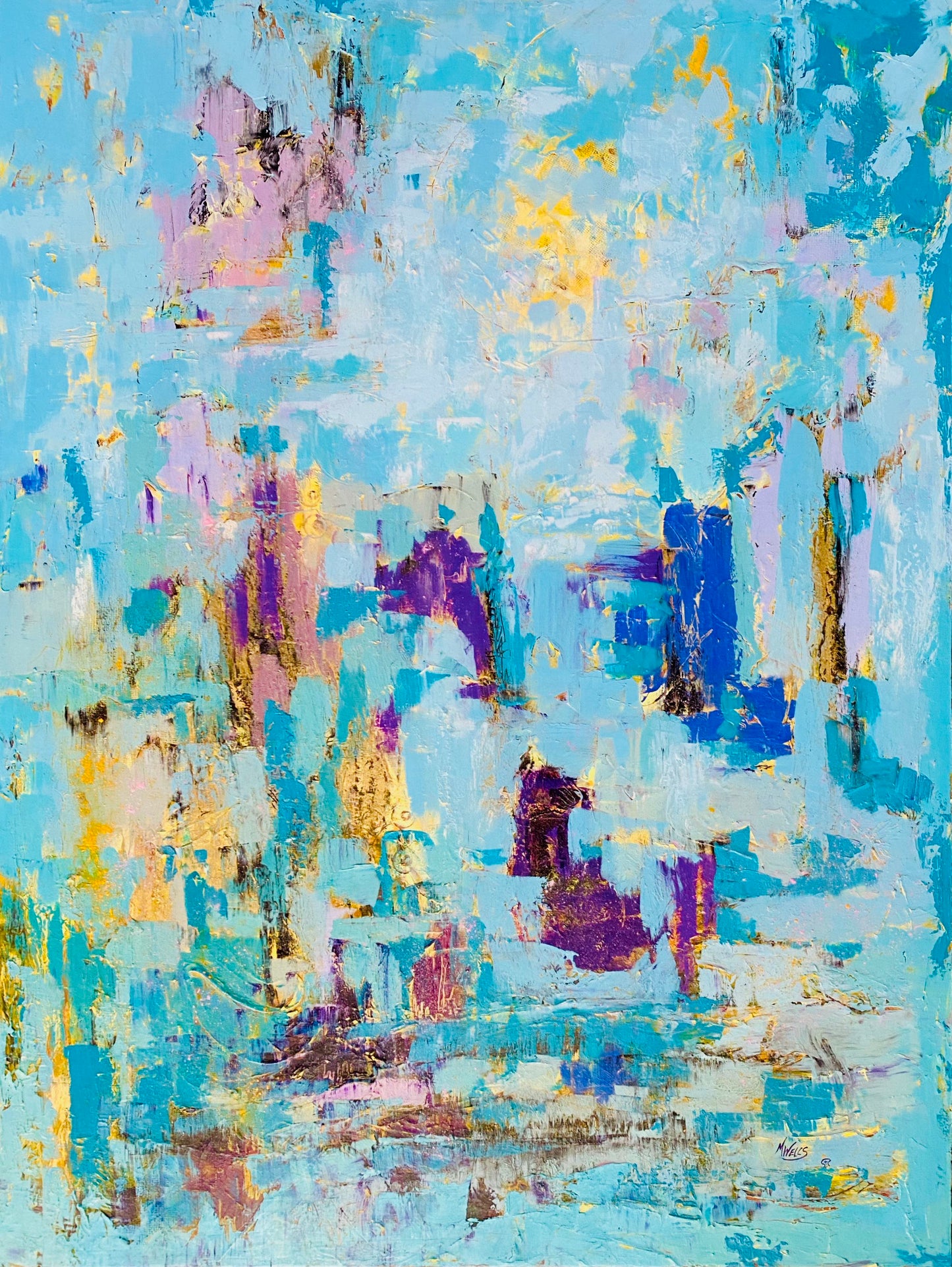 “Bombay (Good Bay) Transitions - Origins of Woman 9” - Original Oil  & cold wax light blue and violet with yellow by Marilyn Wells
