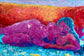 Oil and cold wax painting of woman in violets with red and blue landscape by Marilyn Wells , "Wonderfulness - Origins of Woman 11"