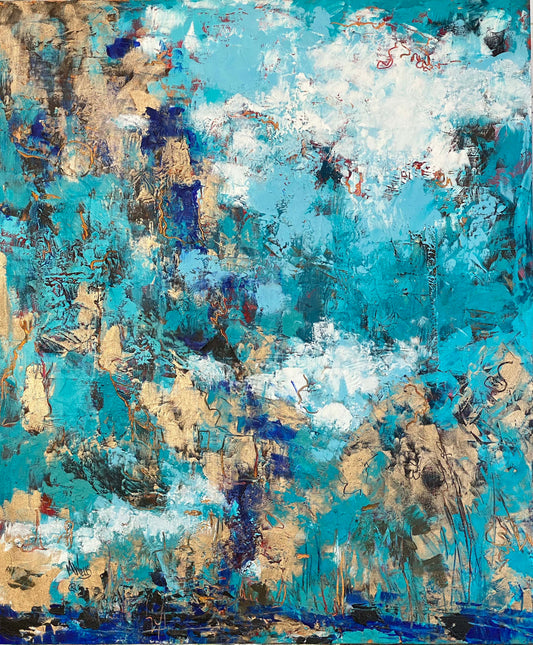 Oil and cold wax on wood panel, "Azure Brine - Mother Earth 1", blues and golds, by Marilyn Wells