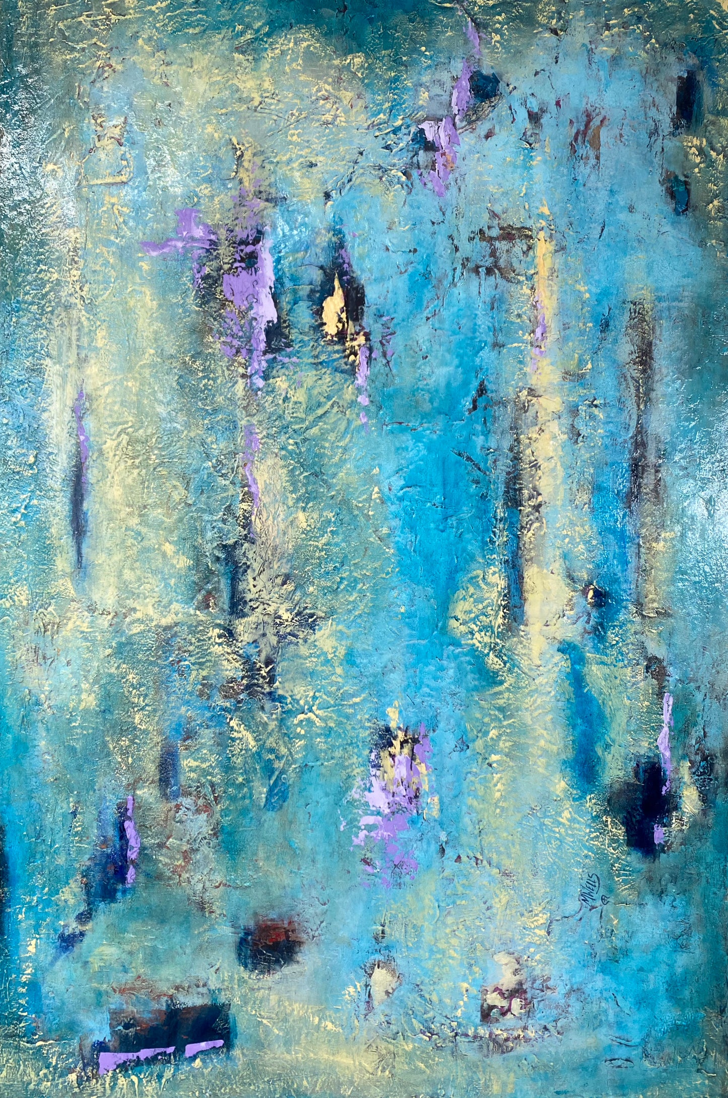 “Angels in Your Head” Abstract Oil and Cold Wax Painting in blue and gold  by Marilyn Wells