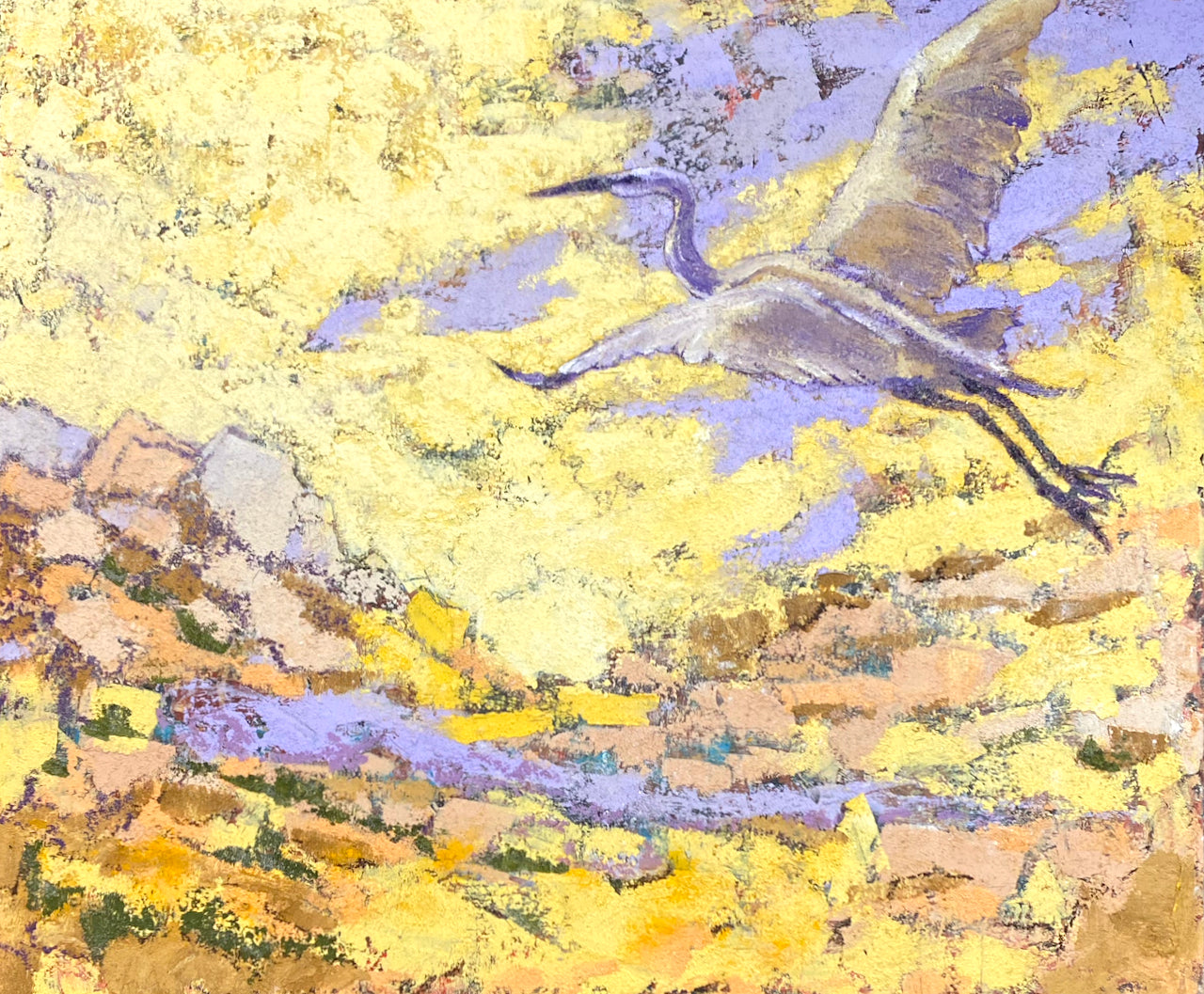 “Your Place in the Family of Things” Oil and Cold Wax with Sand Painting by Marilyn Wells in yellow and violet with white heron