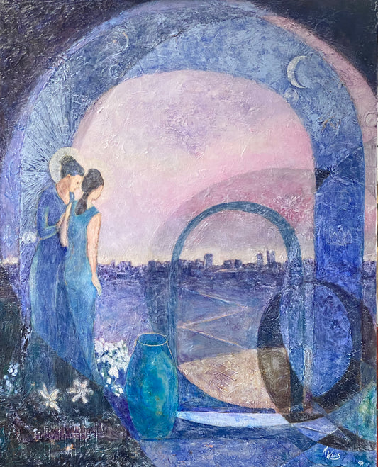 "About Angels" by Marilyn Wells, oil & cold wax on wood panel