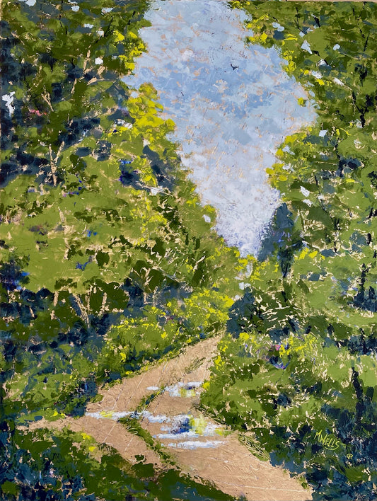 "July Greening" by Marilyn Wells, oil & cold wax, 18" x 24" on wood panel