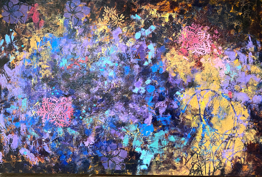 In oil and cold wax," Gardens in my Life", in blues and earth colors by Marilyn Wells
