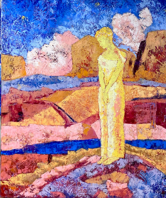 Oil painting in vibrant golds, yellows, and blues with some quinacridone reds, the "Golden Girl", with a circlet of victory in her hair, has arrived at the summit of the mountain peak amidst rough, rocky terrain. She has arrived at the summit, the Feminine Divine sensibility we must reclaim.