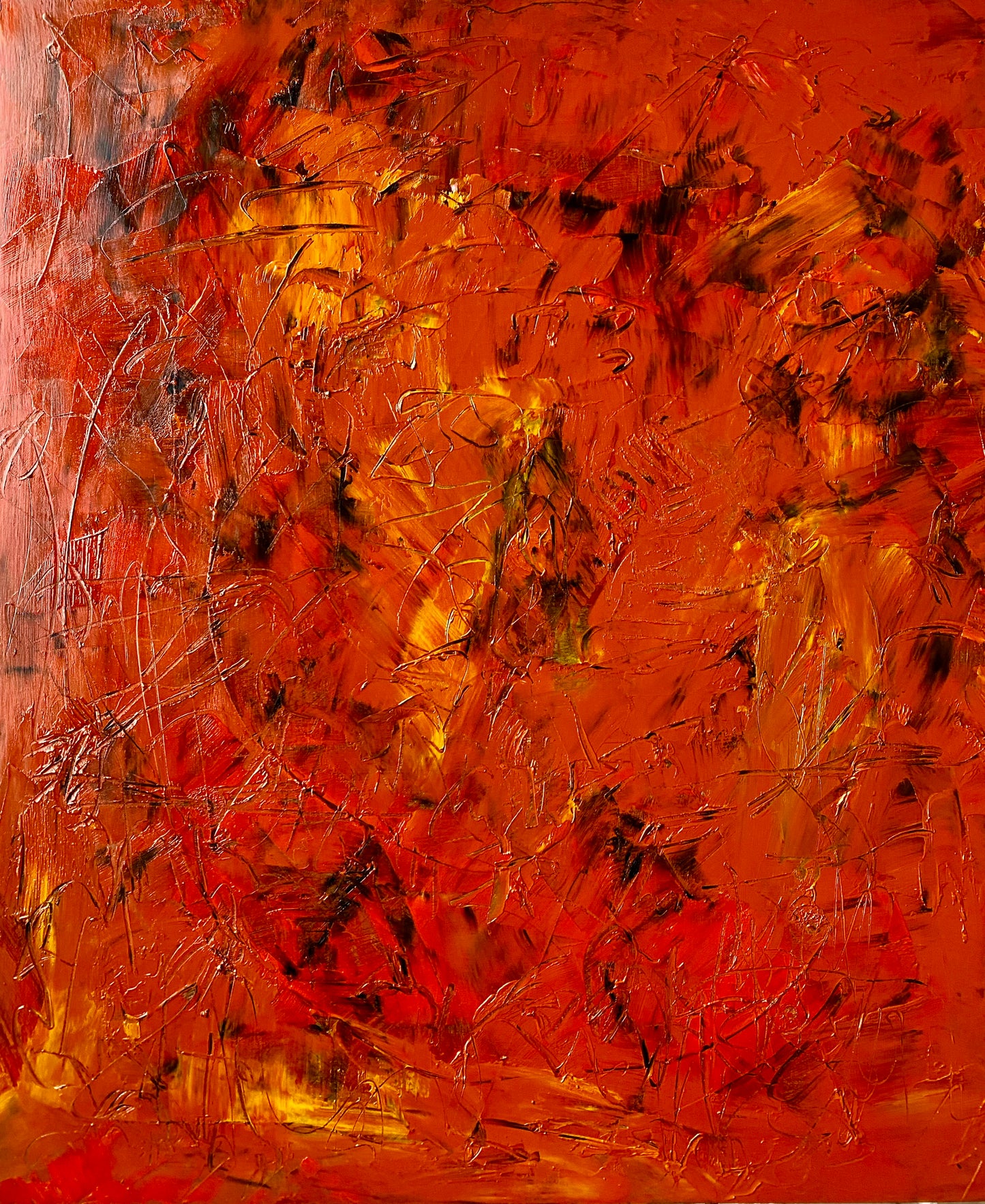 Abstract oil painting in reds with yellow, “Origins of the Feminine Divine 2” Original Abstract Oil Painting by Marilyn Wells, 20” x 24”