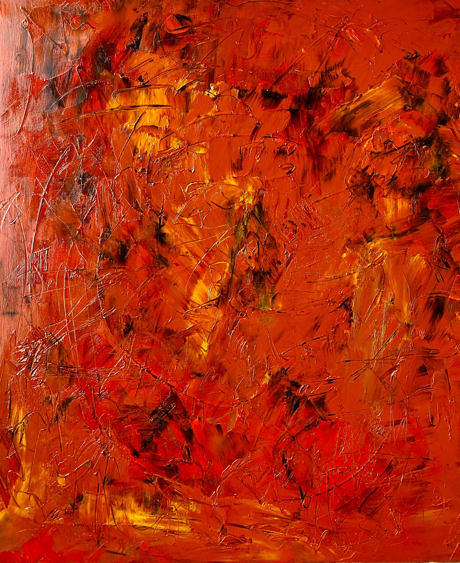 Abstract oil painting in reds with yellow, “Origins of the Feminine Divine 2” Original Abstract Oil Painting by Marilyn Wells, 20” x 24”