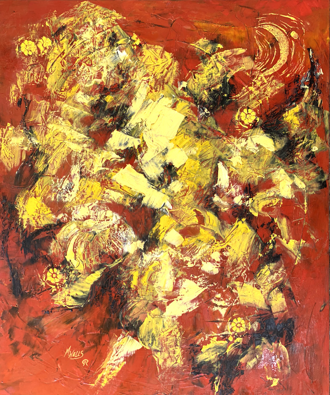 “Summer-Ushness - Origins of Feminine Divine 4” - Original Oil Painting by Marilyn Wells -oil and cold wax in yellow on red background