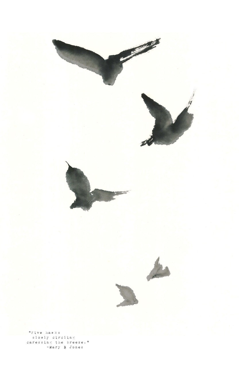 Abstract Sumi e Print "Five Hawks Soaring” by Marilyn Wells