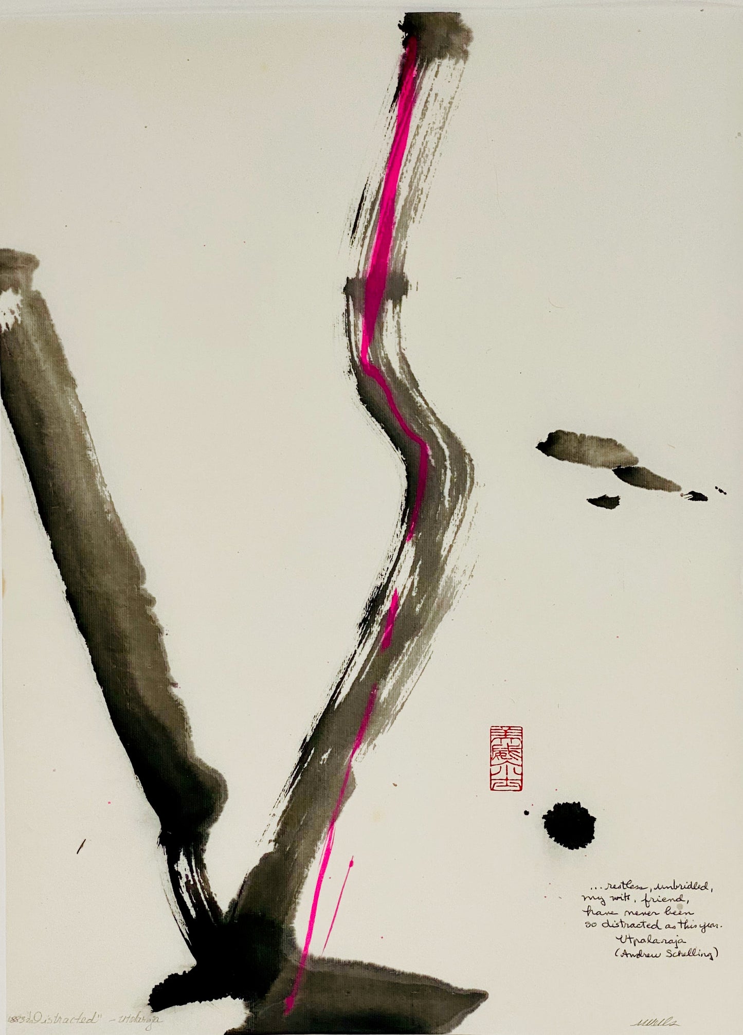 Abstract sumi e print “Distracted” by Marilyn Wells