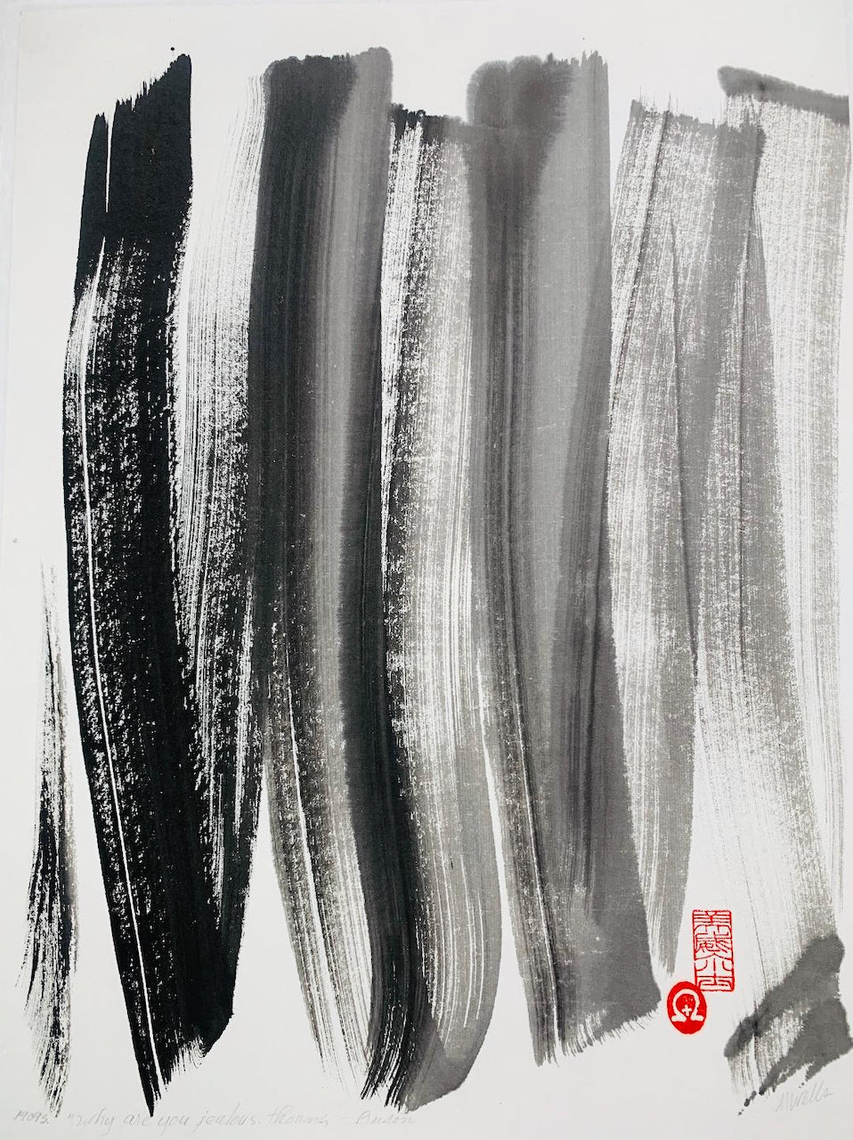 "Why Are You Jealous, Thorns?" by Marilyn Wells, abstract sumi e print, based on Buson poem.