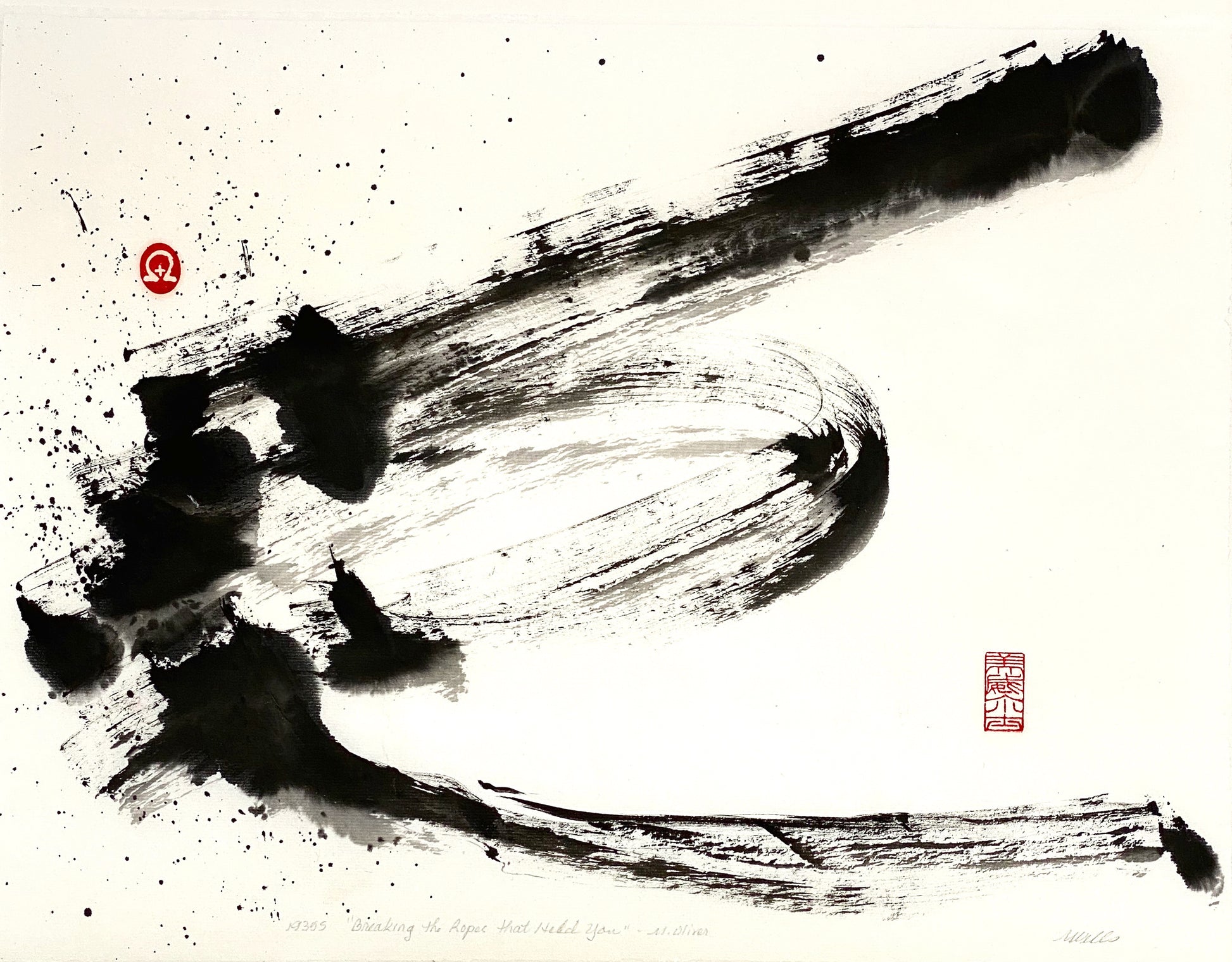 Black on white sumi e abstract painting "What is Holding You" by Marilyn Wells based on a poem by Mary Oliver 