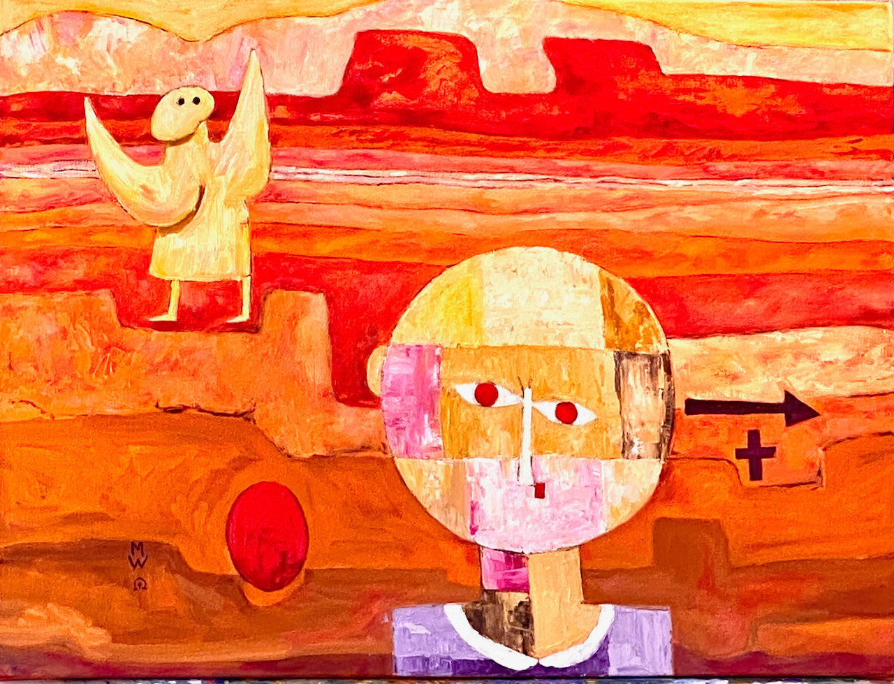 "Eve Leaving Eden 6" oil original by Marilyn Wells in oranges and reds, after Paul Klee