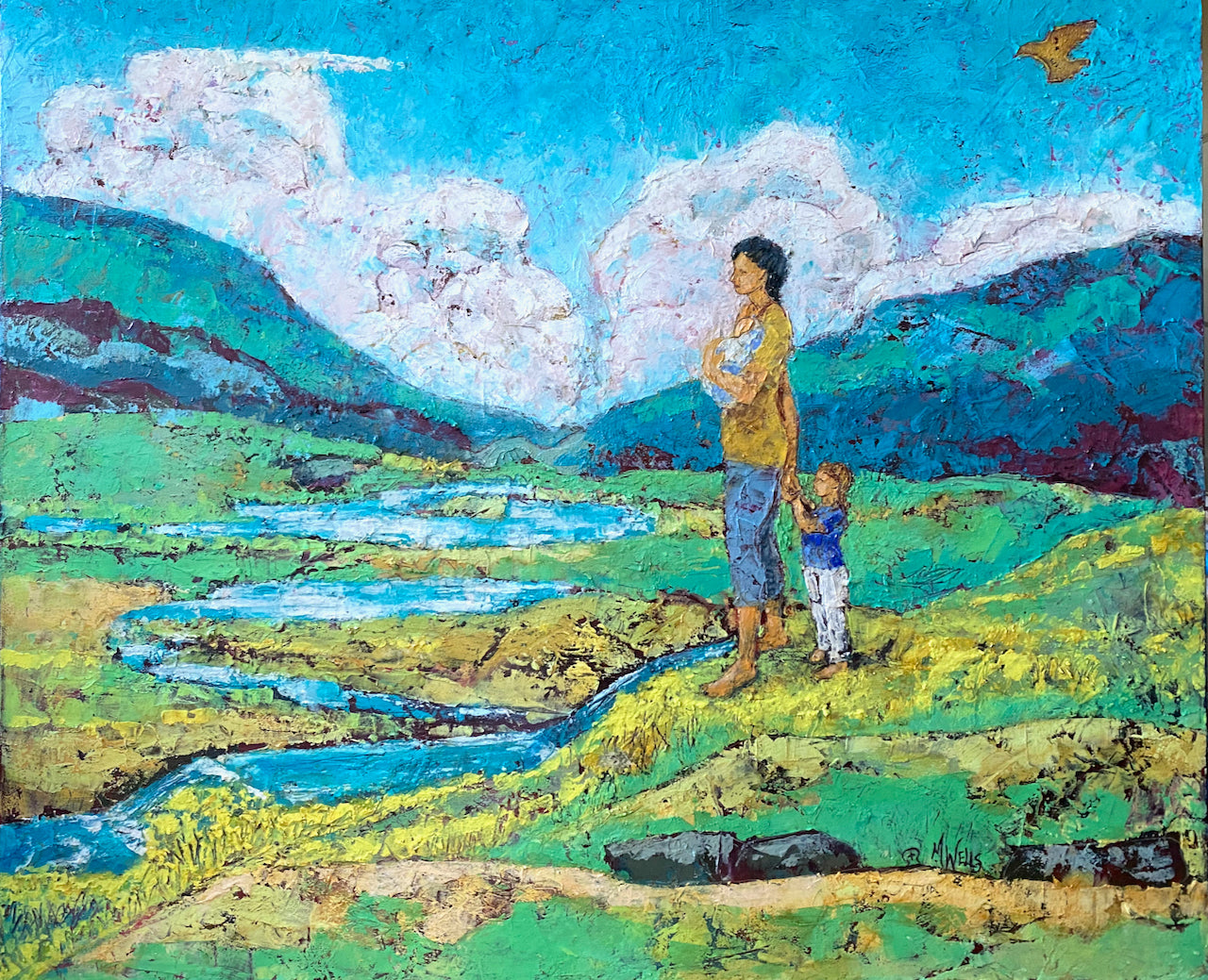 Mother with two children "On a Hill Overlooking" by Marilyn Wells - oil painting in Blues and Greens