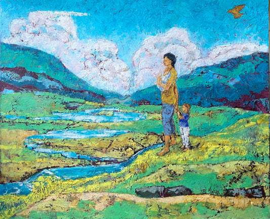 Mother with two children "On a Hill Overlooking" by Marilyn Wells - prints of oil painting in Blues and Green
