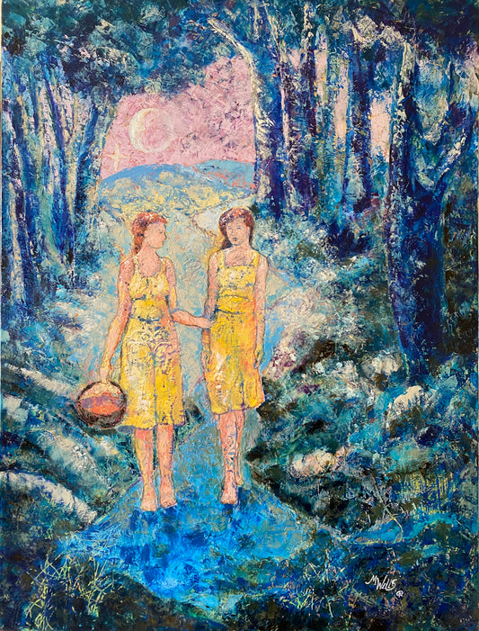 "Two young Women Walking” - oil & cold wax  by Marilyn Wells in Blues and Golds.