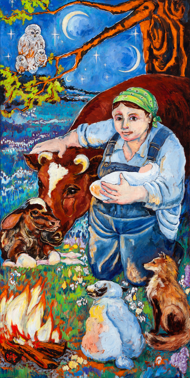 Oil Painting in vivid colors of St. Bridget, the midwife with the baby and beloved animals of spiritual significance - "You Are Loved -Saint Bridget” by Marilyn Wells