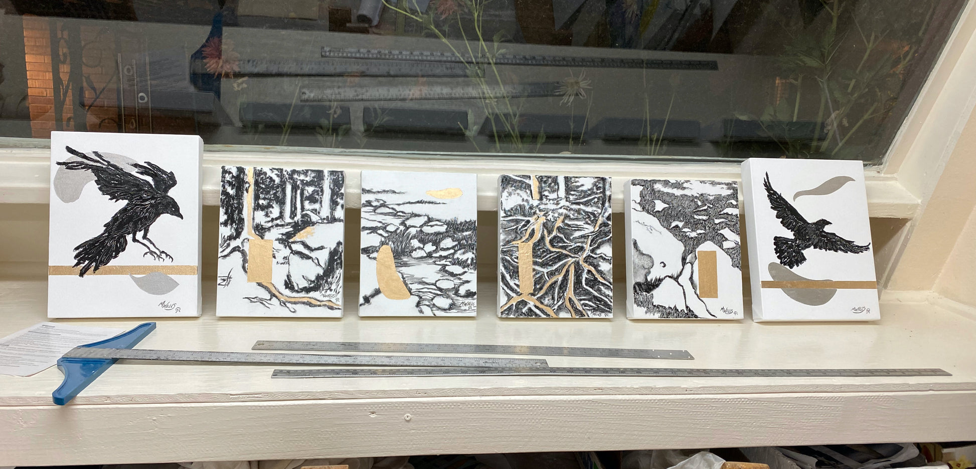 "Of the Earth" set of 6 mini original sumi e oil paintings by Marilyn Wells