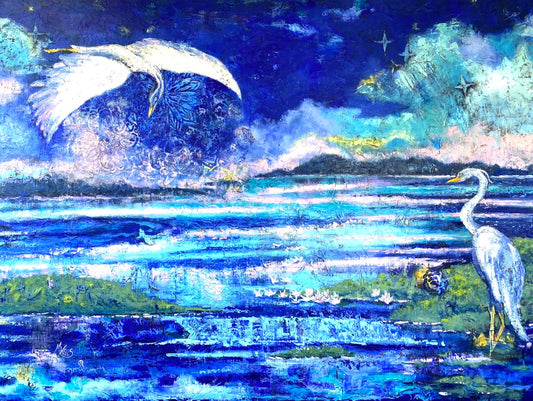 Oil and Cold Wax Painting - "Blue Heron Requiem" By Marilyn Wells, herons, blue skies