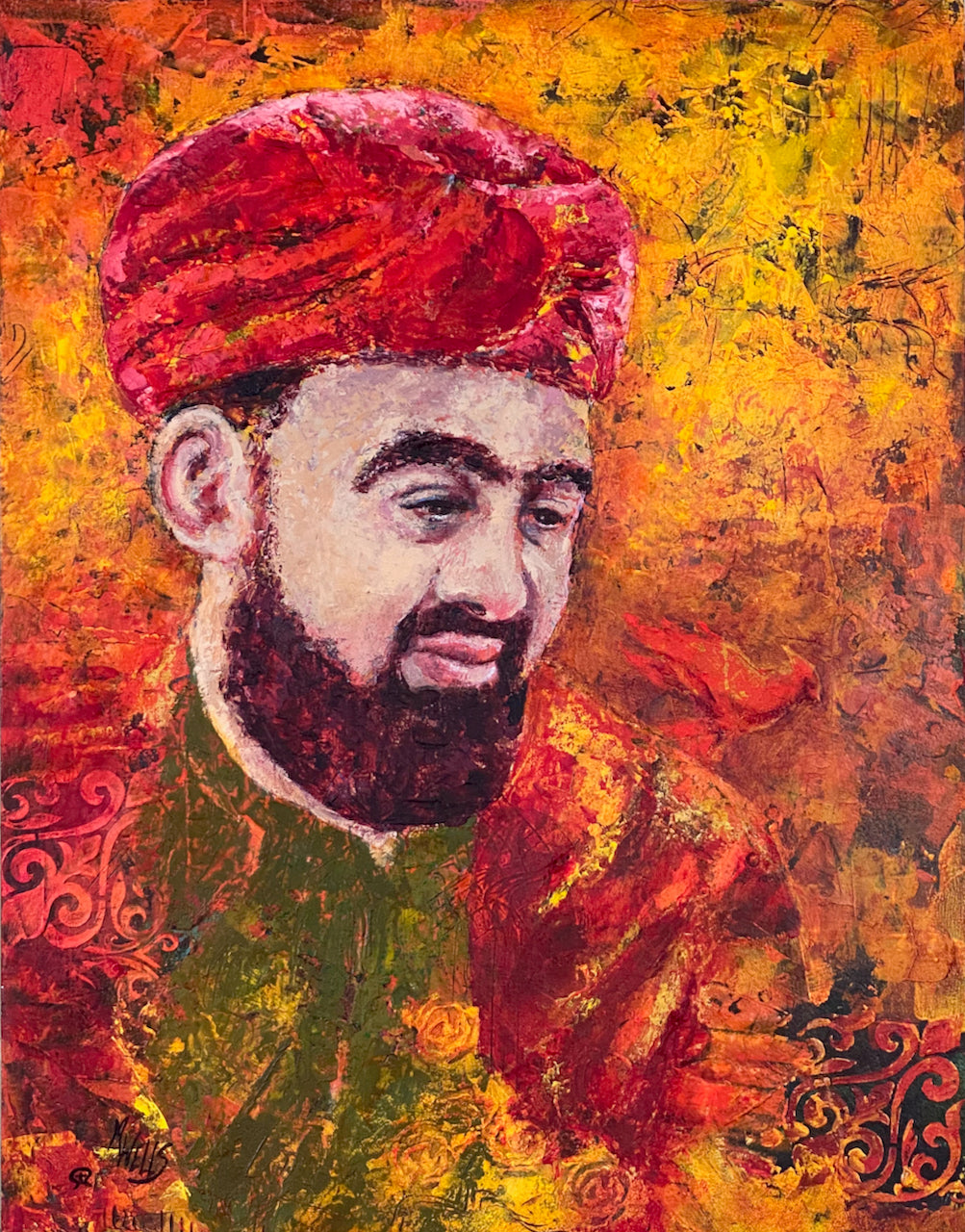 "Murshid and the Redbird" Sufi Qualandar, original oil painting by Marilyn Wells